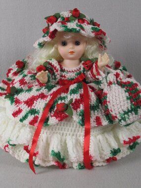 Handmade Christmas Bed Doll Green Red & White Decorative Vintage Style Soft